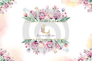 Hand drawing isolated watercolor floral frame with protea rose, leaves, branches and flowers. Bohemian gold crystal