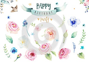 Hand drawing isolated watercolor floral illustration with leaves, branches, flowers and feathers. indigo Watercolour art