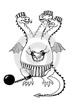 Hand drawing of jailed three headed dragon photo