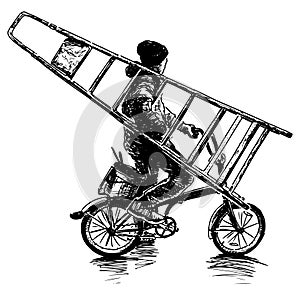 Hand drawing of laborer painter with ladder and bucket of paint riding a bicycle to work