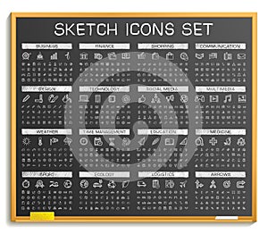 Hand drawing line icons. Vector doodle pictogram set, chalk sketch sign illustration on blackboard