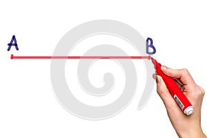 Hand drawing a line from point A to point B with red marker