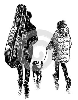 Hand drawing of little girl with her dog and musician parent carrying cello in a case walking together under umbrella along city