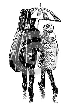 Hand drawing of little girl and musician parent carrying cello in a case walking together under umbrella along city street,