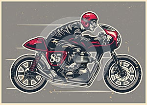 Hand drawing man riding a cafe racer