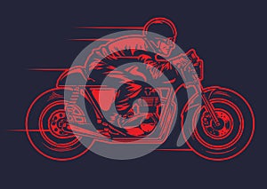 Hand drawing of man riding old cafe racer motorcycle