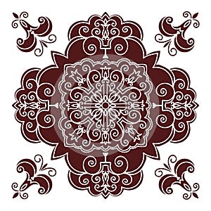 Hand drawing mandala element, silhouette in marsala color. Italian majolica style