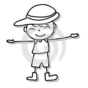 Hand drawing match-stick style cartoon character happy boy wearing hat and boot for spring and gardening. Vector illustration