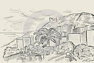 Hand drawing of a mountain and a Mediterranean landscape by the sea. Vector ink sketch in vintage style.