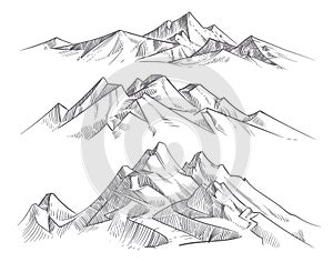 Hand drawing mountain ranges in engraving style. Vintage mountains panorama vector nature landscape