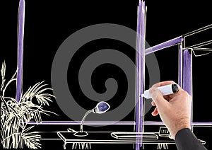 hand drawing office lines in negative (white lines and black background) with purple details