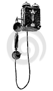 Hand drawing of old telephone from early 20th century hanging on wall, obsolete household item, vector illustration isolated on