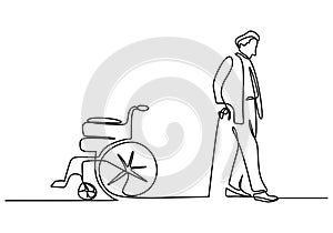 Hand drawing one line of man and wheel chair on white background