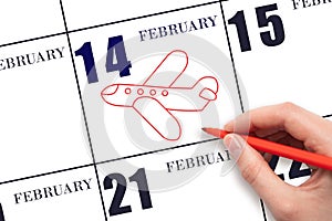 A hand drawing outline of airplane on calendar date 14 February. The date of flight on plane.