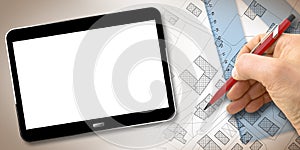 Hand drawing over an imaginary cadastral map - concept image with 3D render of a digital tablet with blank page for copy space