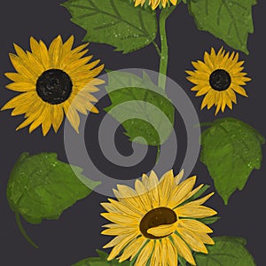 Hand drawing painted sunflowers and leaves seamless pattern on gray background. Utensil, cutlery, kitchen, packaging, tableware, c