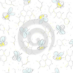 Hand drawing pattern with bees and honeycombs