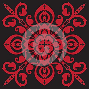 Hand drawing pattern for tile in black and red colors. Italian majolica style