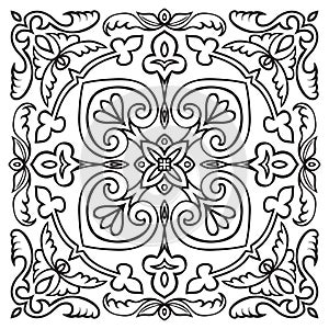 Hand drawing pattern for tile in black and white colors. Italian majolica style