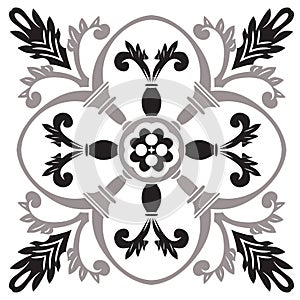 Hand drawing pattern for tile in black and white colors. Italian majolica style