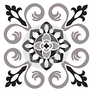 Hand drawing pattern for tile in black and white colors. Italian majolica style