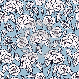 Hand drawing pen brush stroke outline simple flower illustration seamless repeat pattern