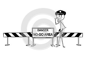 Hand Drawing of Policemen Standing Near Road Block With No-Go Area Sign