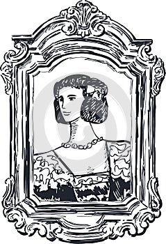 Hand drawing of portrait noble lady in ornate frame in vintage style