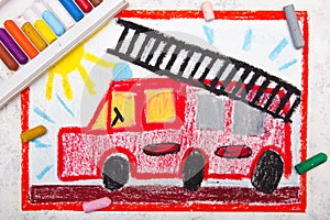 Hand drawing: red fire truck with a ladder