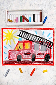 Hand drawing: red fire truck with a ladder