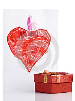 Freehand Drawing Red Heart and Gift Box