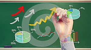 Hand drawing rising arrows and graphs on chalk board