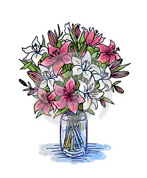 Hand drawing rose and white lily in a glass vase photo