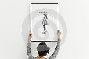 Hand drawing seahorse photo hanging on the wall