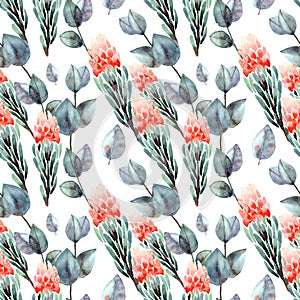 Hand drawing seamless watercolor floral patterns with protea