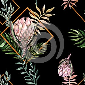 Hand drawing seamless watercolor floral patterns with protea rose