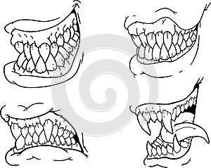 Hand drawing set of black and white scary Halloween jaws, canines, teeth, terrible snouts, monsters