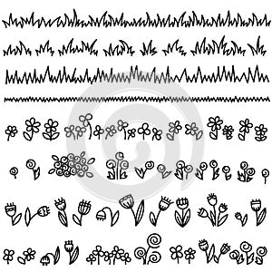 Hand drawing set of doodle borders. Grass, clover, tulips, daisies, roses. Pen tool, vector file.