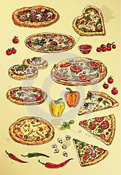Hand drawing set of pizza