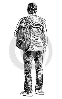 Hand drawing of silhouette casual citizen pedestrian with backpack walking outdoors alone,vector sketch isolated on white