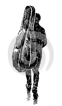 Hand drawing of silhouette casual citizen pedestrian musician carrying cello in a case walking outdoors alone