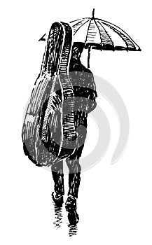 Hand drawing of silhouette casual citizen pedestrian musician carrying cello in a case walking under umbrella outdoors alone