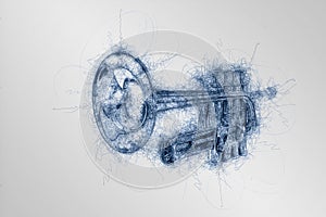 Hand drawing sketch of classical silver music trumpet