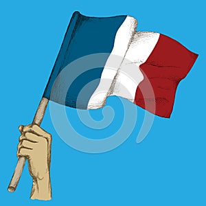 Hand drawing, sketch. French flag in hand, the state colors of France on a neutral background.