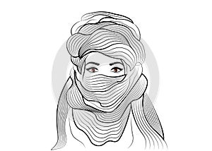 Hand drawing sketch of portrait woman wearing tuareg scarf. Young girl in national costume of African tribal nomads. Ethnic Berber photo