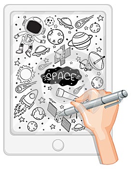 Hand drawing space element in doodle or sketch style on tablet