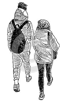 Hand drawing of students couple walking together down street