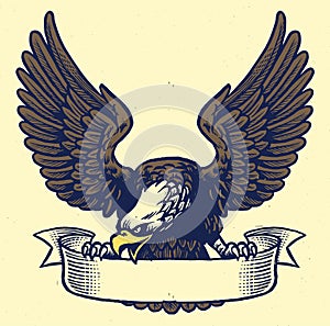 Hand drawing style of eagle grip the ribbon