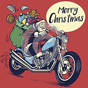 hand drawing style of santa claus ride a motorcycle to delivering the christmas gift photo