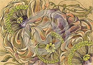 Hand drawing of stylized flowers and herbs. Graphic, artistic technique. Crayons, line, ink. Ready original postcard, poster,